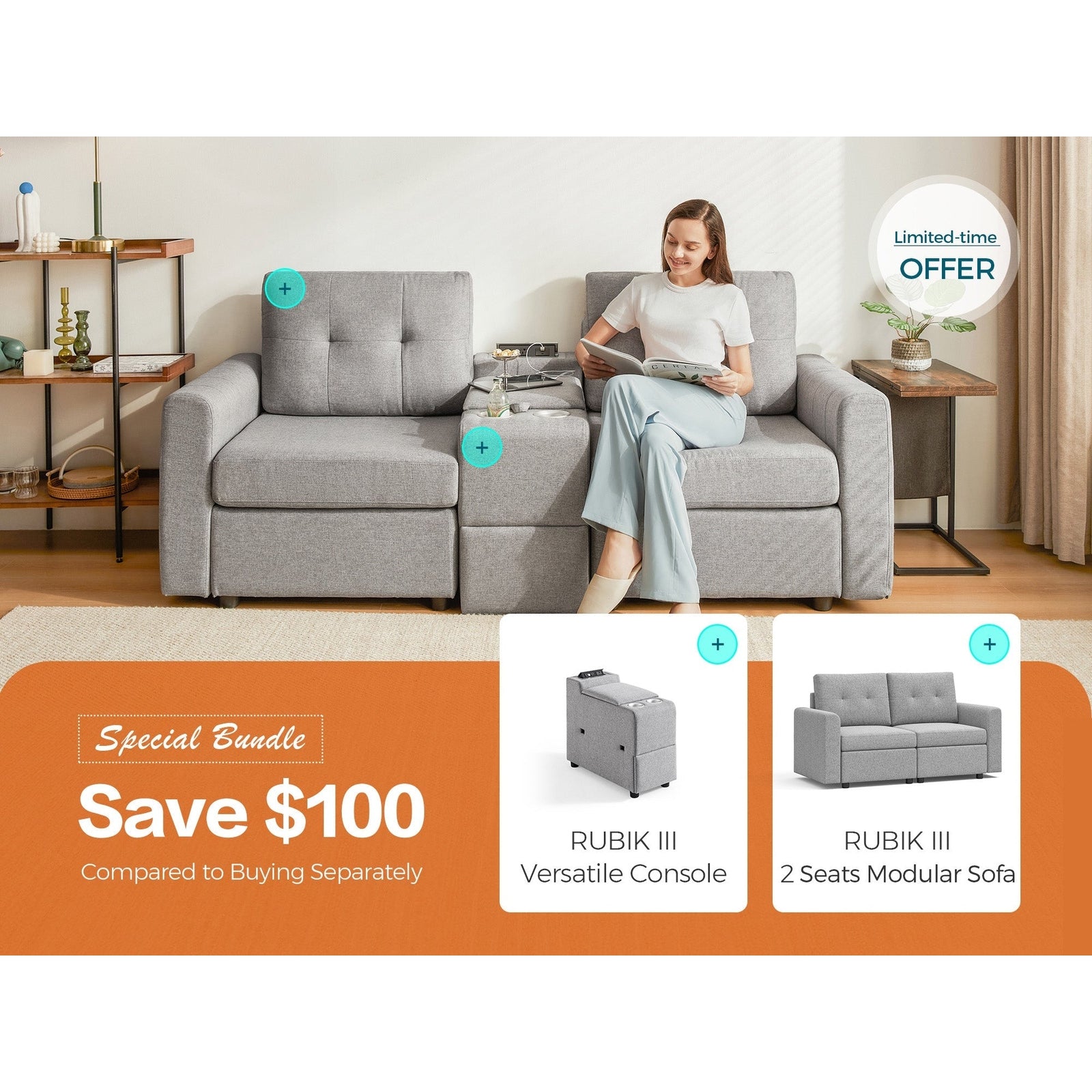 LINSY HOME RUBIK III 2 Seats With Console - US-LH-SPF-Sofa-S800-A-20101-0-00