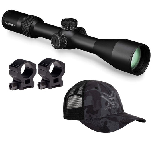 Vortex Optics Diamondback Tactical 6-24x50  (MOA) 30mm Tube Riflescope ( ) with 30mm High Rings (1.18in) Set and Free Black Camo Hat Bundle - DBK-10028