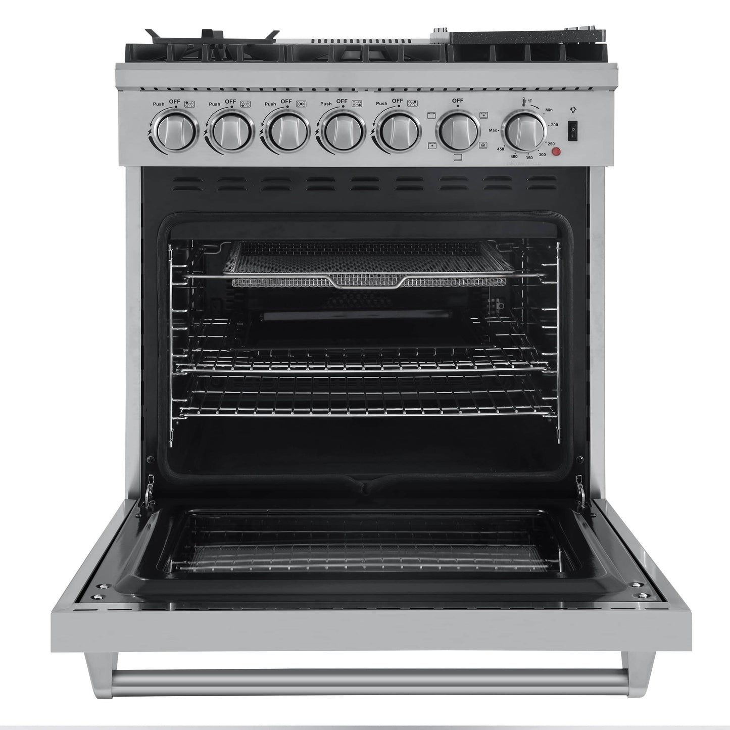 Forno 4-Piece Appliance Package - 30-Inch Dual Fuel Range with Air Fryer, Refrigerator, 24-Inch Microwave Drawer, & 3-Rack Dishwasher in Stainless Steel - AP4-6196-30-MWD
