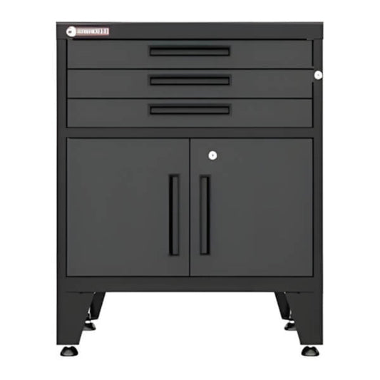 Armadillo Tough Black 3-Drawer 2-Door Cabinet Base Cabinet with Rubber Work Mat - AR3DR28BB