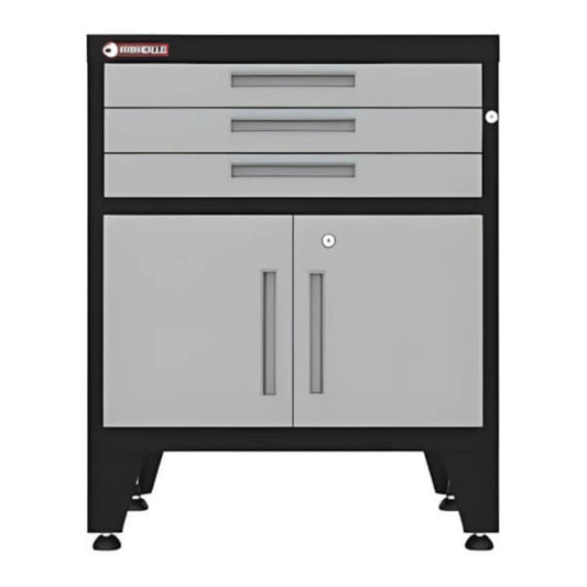 Armadillo Tough Grey 3-Drawer 2-Door Cabinet Base Cabinet with Rubber Work Mat - AR3DR28BG