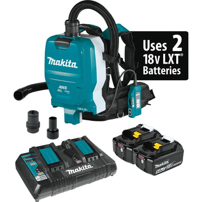 Makita  36V (18V X2) LXT Brushless 1/2 Gallon HEPA Filter Backpack Dry Dust Extractor Kit, dual port charger, AWS Capable (5.0Ah) - XCV10PTX