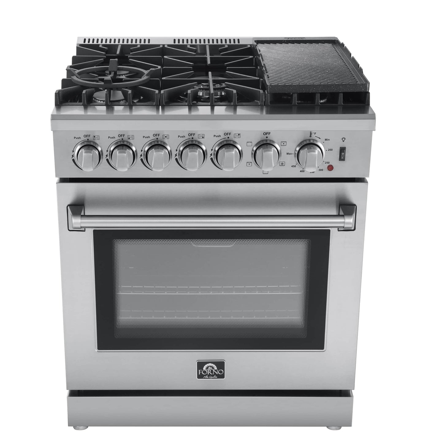 Forno 4-Piece Appliance Package - 30-Inch Dual Fuel Range with Air Fryer, Refrigerator, 24-Inch Microwave Drawer, & 3-Rack Dishwasher in Stainless Steel - AP4-6196-30-MWD