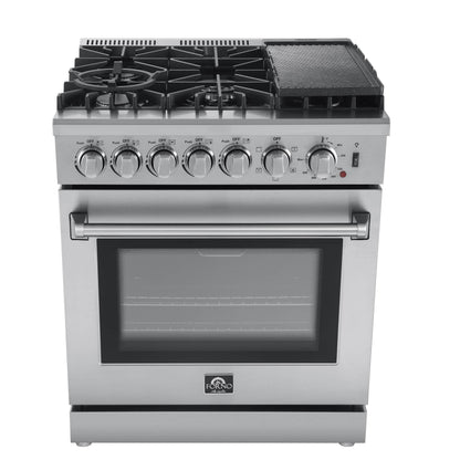 Forno 4-Piece Appliance Package - 30-Inch Dual Fuel Range with Air Fryer, Refrigerator, 24-Inch Microwave Drawer, & 3-Rack Dishwasher in Stainless Steel - AP4-6196-30-MWD