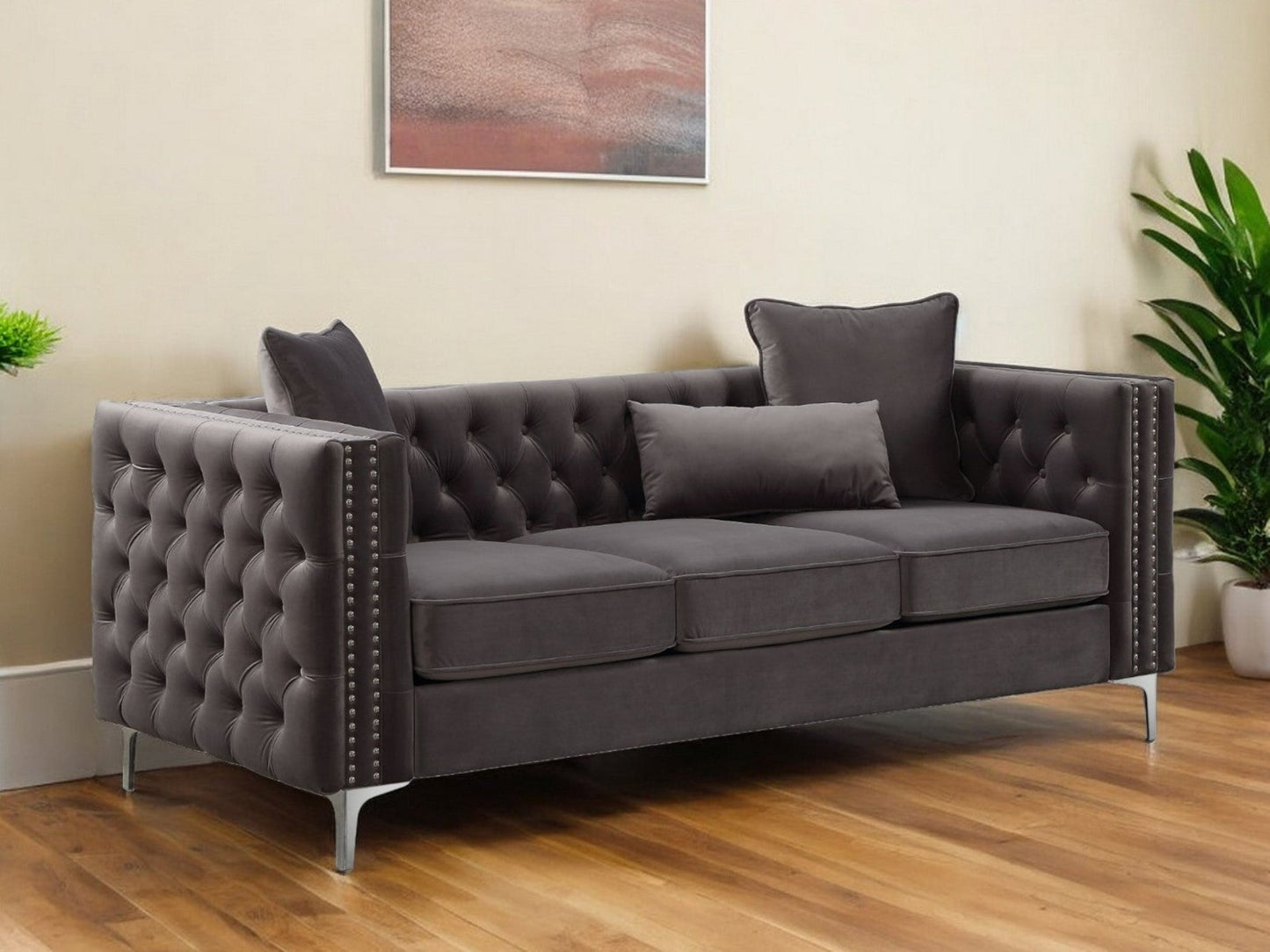 Modway Furniture 86" Dark Gray Velvet Sofa with Sleek Silver Legs - Modern Elegance for Your Living Room Space! - 318845-HOMEROOTS