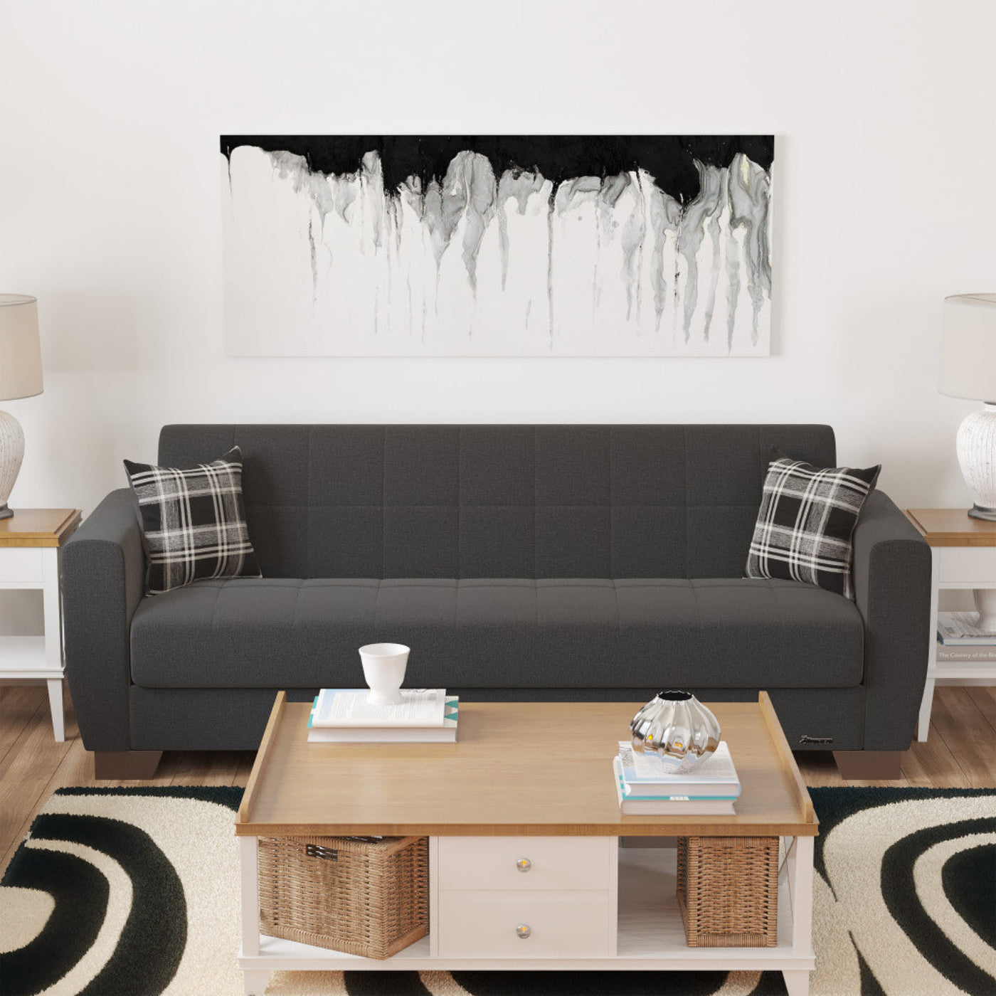 Modway Furniture 84" Black Chenille Sleeper Sofa with Toss Pillows - Stylish Comfort & Modern Brown Legs, Durable Design - 520154-HOMEROOTS520154-HOMEROOTS