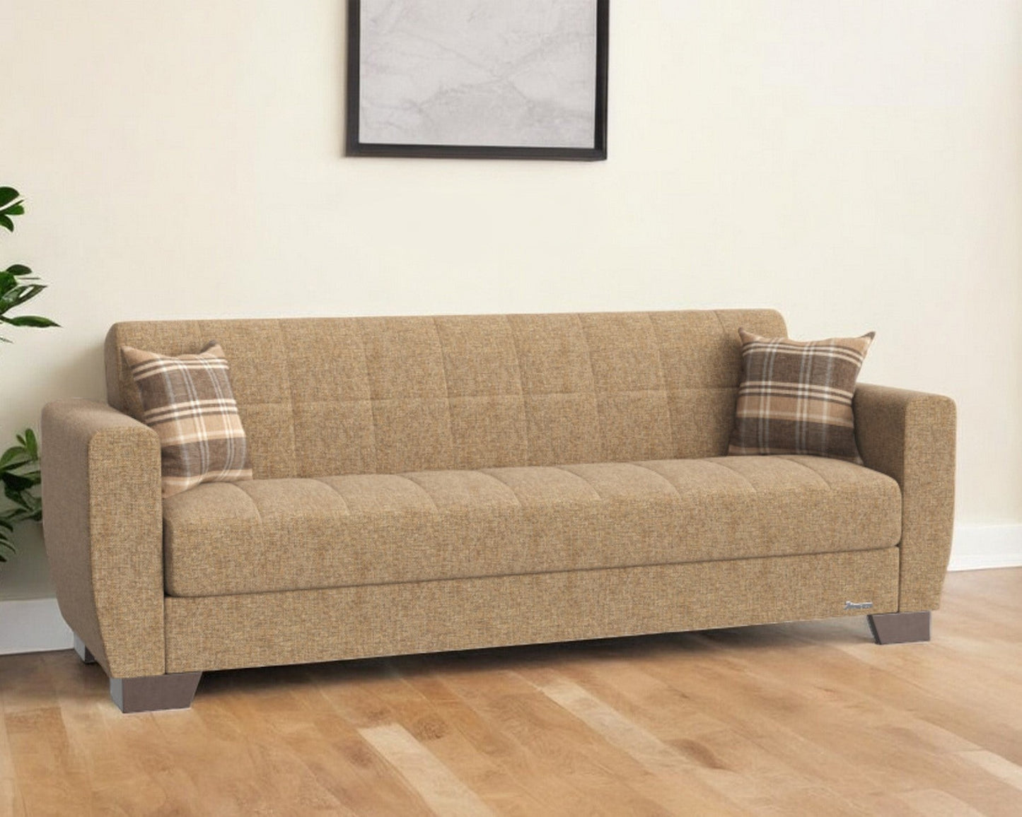 Modway Furniture 84" Beige Chenille Sleeper Sofa with Toss Pillows - Luxurious Comfort & Stylish Brown Legs - 520155-HOMEROOTS