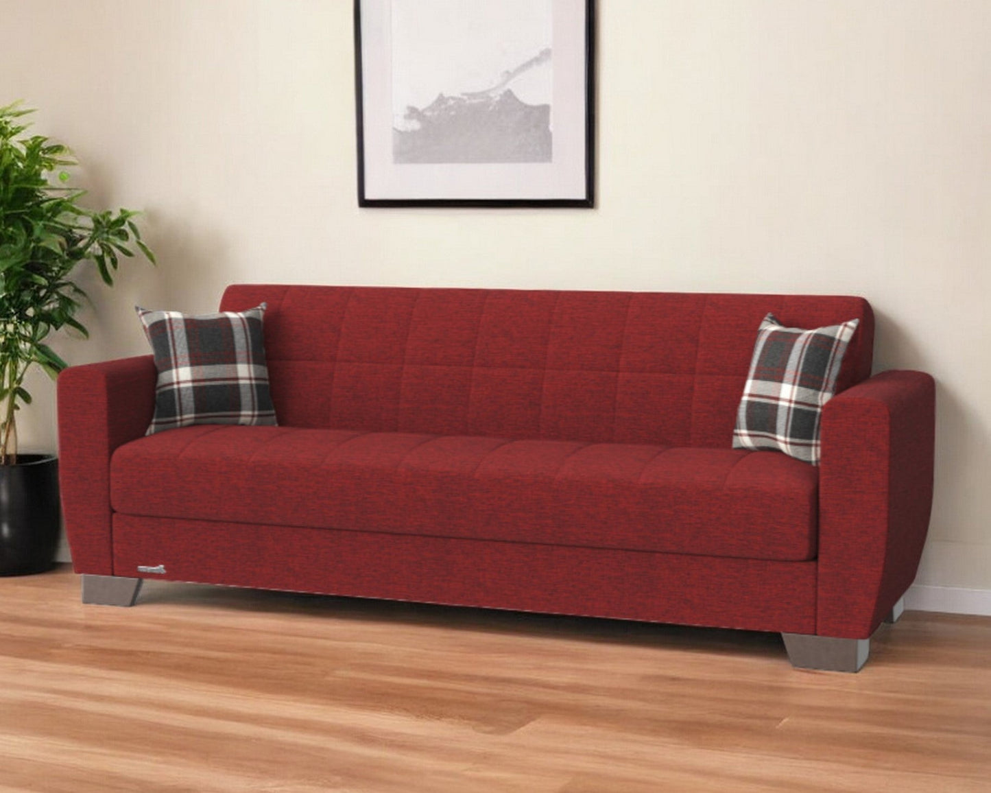 Modway Furniture 84" Burgundy Chenille Sleeper Sofa with Toss Pillows & Brown Legs - Soft, Stylish & Durable Design - 520156-HOMEROOTS