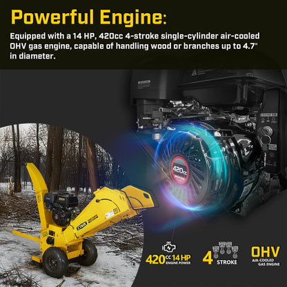 Stark USA 14HP Wood Chipper Gas 420cc Leaf Shredder Mulcher with Towbar/Tail - 61039