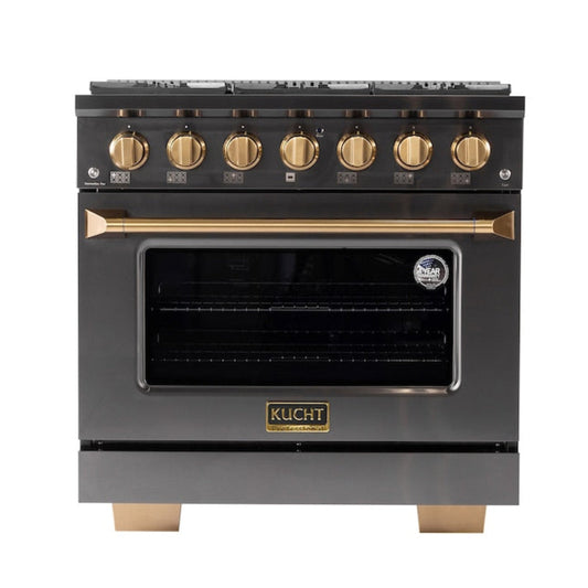 Kucht Gemstone 36" Dual Fuel Propane Gas Range in Titanium Stainless Steel with Gold Accents - KED364/LP
