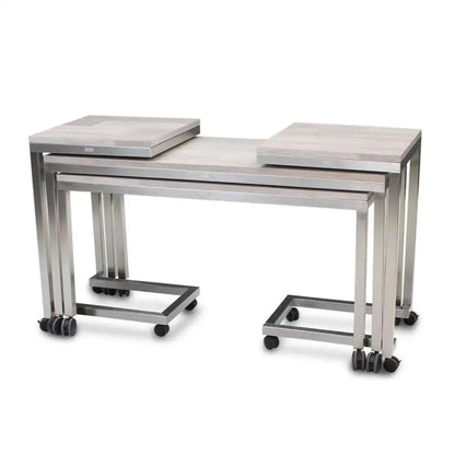 Forbes Industries 7407 30" Claremont Four Nesting Tables Set of 4 Tables with Acacia Driftwood Tops and Stainless Steel Frames - 7407