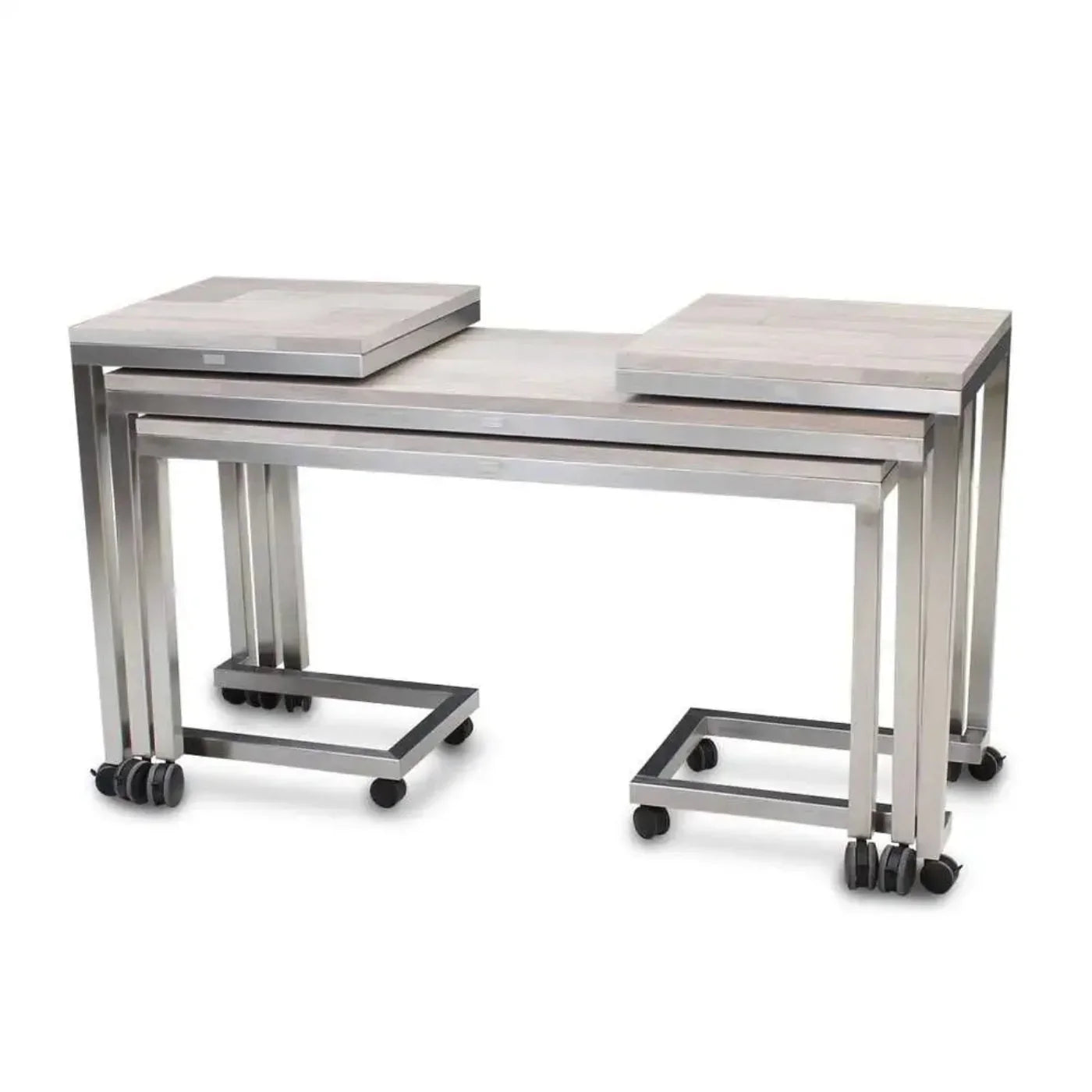 Forbes Industries 7407 30" Claremont Four Nesting Tables Set of 4 Tables with Acacia Driftwood Tops and Stainless Steel Frames - 7407