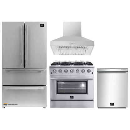 Forno 4-Piece Appliance Package - 36-Inch Gas Range, Refrigerator, Wall Mount Hood, & 3-Rack Dishwasher in Stainless Steel - APR4-6244-36-H