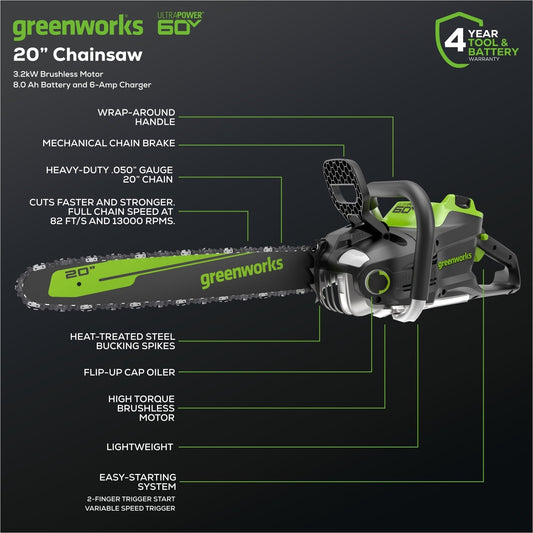 Greenworks 60V 20" Cordless Battery 3.2kW Chainsaw w/ 8.0Ah Battery & Rapid Charger - 2026202