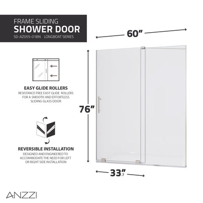 Anzzi Longboat Series 60 in. x 76 in. Semi-Frameless Shower Door with TSUNAMI GUARD SD-AZ055-01 -- SD-AZ055-01BN