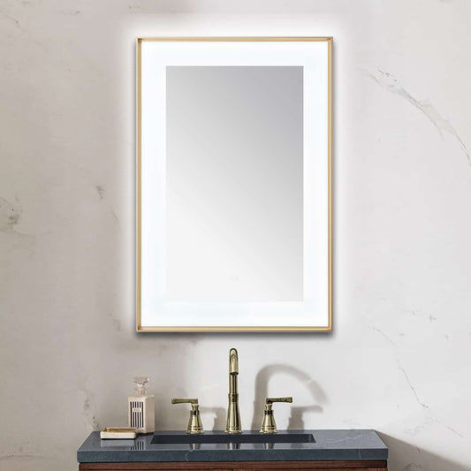 Aquadom Lexington 24" x 36" Brushed Gold Slim LED Lighted Mirror With Defogger, 3-Color Lighting, Wall-Mount Vertical or Horizontal Installation - LEX-2436.BG
