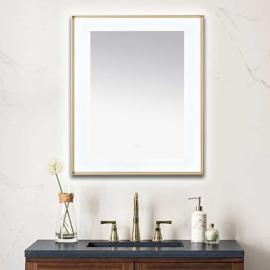 Aquadom Lexington 30" x 36" Brushed Gold Slim LED Lighted Mirror With Defogger, 3-Color Lighting, Wall-Mount Vertical or Horizontal Installation - LEX-3036.BG