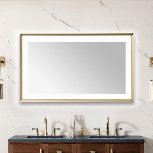 Aquadom Madison 60" x 36" Brushed Gold LED Lighted Chamfer Frame Mirror With Defogger, 3-Color Lighting, Wall-Mount Vertical or Horizontal Installation - MAD-6036.BG