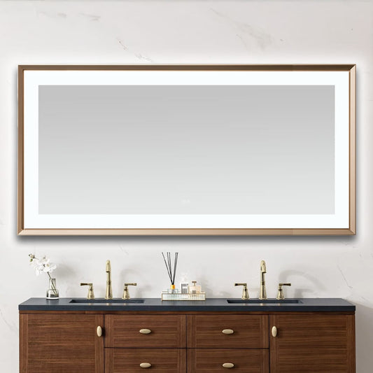 Aquadom Madison 72" x 36" Brushed Gold LED Lighted Chamfer Frame Mirror With Defogger, 3-Color Lighting, Wall-Mount Vertical or Horizontal Installation - MAD-7236.BG