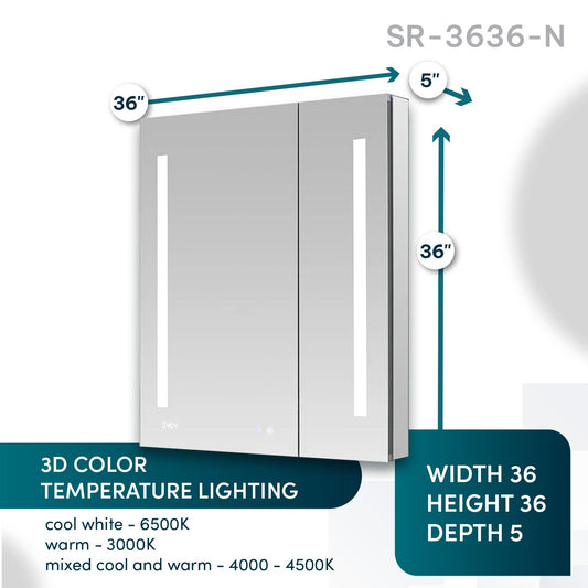 Aquadom Signature Royale 36" x 36" Double-Door LED Lighted Medicine Cabinet With Defogger, Integrated LED 3X Magnifying Mirror and Electrical Outlet With USB - SR-3636-N