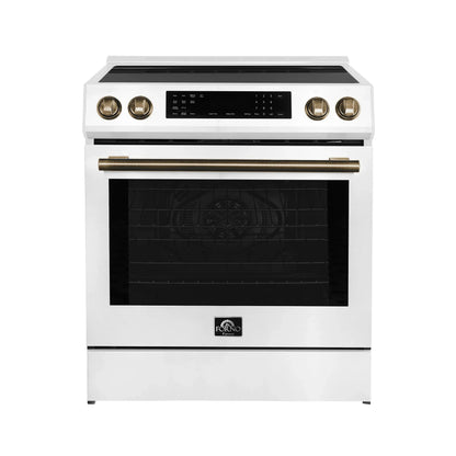 Forno 5-Piece Appliance Package - 30-Inch Inducton Range, Under Cabinet Range Hood, Refrigerator with Water Dispenser, Dishwasher, and 24-Inch Microwave Oven in White with Antique Brass Trim - APW5-905-30WHT-MWO24