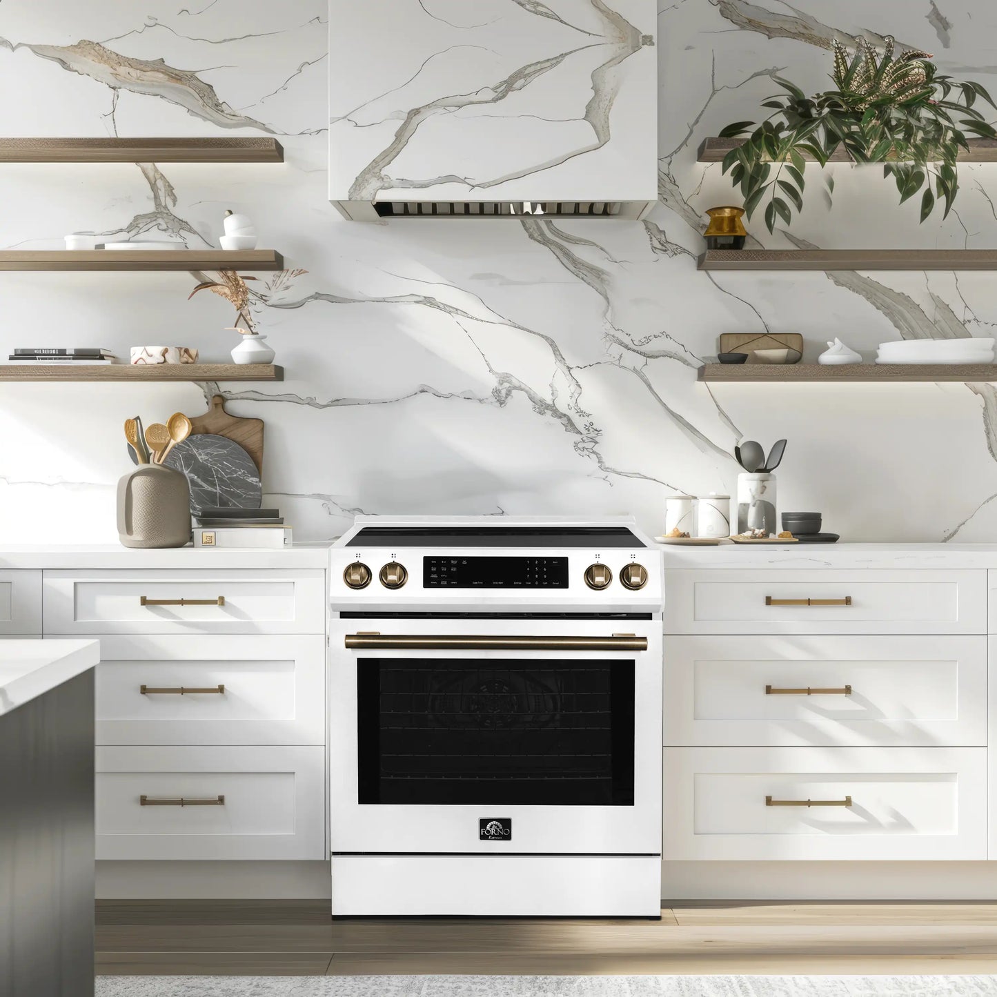 Forno 5-Piece Appliance Package - 30-Inch Induction Range, Under Cabinet Range Hood, Refrigerator with Water Dispenser, Dishwasher, and  30-Inch Microwave Drawer in White with Stainless Steel Trim - APW5-905-30WHT-MWD30