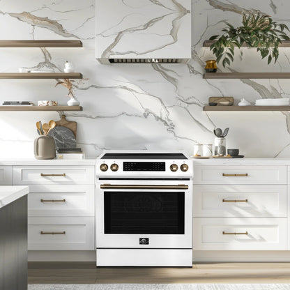 Forno 5-Piece Appliance Package - 30-Inch Induction Range, Under Cabinet Range Hood, Refrigerator with Water Dispenser, Dishwasher, and  30-Inch Microwave Drawer in White with Stainless Steel Trim - APW5-905-30WHT-MWD30