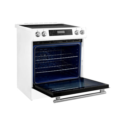 Forno 5-Piece Appliance Package - 30-Inch Induction Range, Under Cabinet Range Hood, Refrigerator with Water Dispenser, Dishwasher, and  30-Inch Microwave Drawer in White with Stainless Steel Trim - APW5-905-30WHT-MWD30