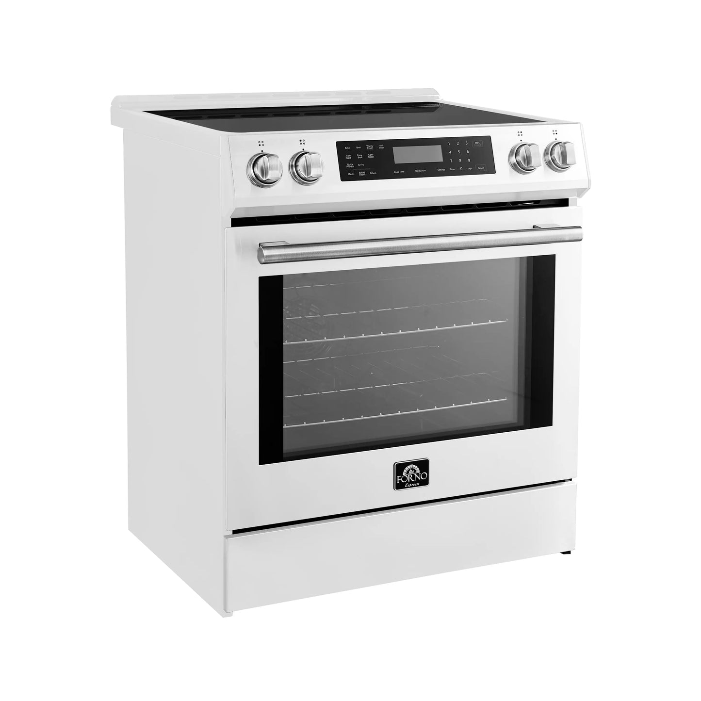 Forno 5-Piece Appliance Package - 30-Inch Inducton Range, Under Cabinet Range Hood, Refrigerator with Water Dispenser, Dishwasher, and 24-Inch Microwave Oven in White with Antique Brass Trim - APW5-905-30WHT-MWO24