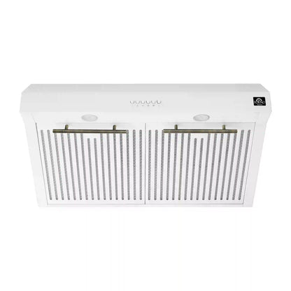 Forno 5-Piece Appliance Package - 30-Inch Inducton Range, Under Cabinet Range Hood, Refrigerator with Water Dispenser, Dishwasher, and 24-Inch Microwave Oven in White with Antique Brass Trim - APW5-905-30WHT-MWO24