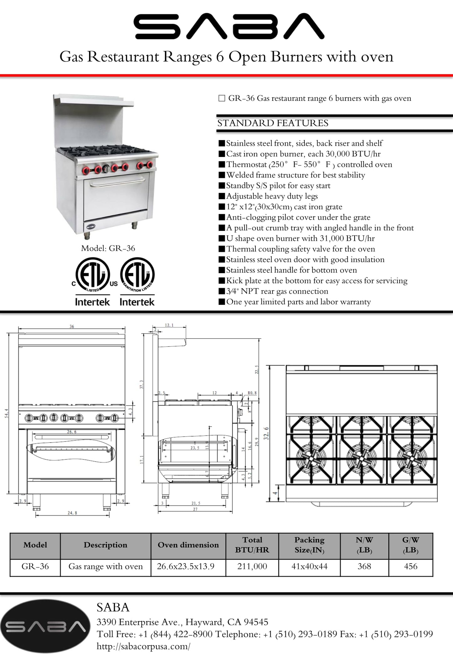 SABA  - Commercial Gas 6 Burner with Oven - GR-36