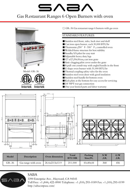 SABA  - Commercial Gas 6 Burner with Oven - GR-36