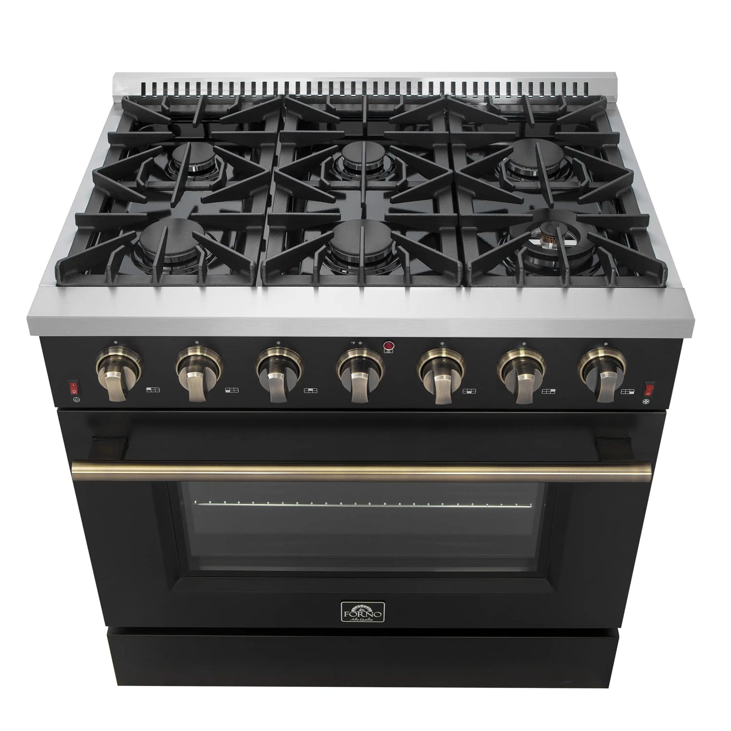 Forno 4-Piece Appliance Package - 36-Inch Gas Range, 60-Inch Convertible Refrigerator with Modern Trim, Dishwasher, and 30-Inch Microwave Oven in Black with Antique Brass Handle - AP4-6244-36BLK-MWO30-60MG