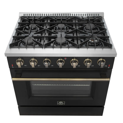 Forno 4-Piece Appliance Package - 36-Inch Gas Range, 60-Inch Convertible Refrigerator with Modern Trim, Dishwasher, and 30-Inch Microwave Oven in Black with Antique Brass Handle - AP4-6244-36BLK-MWO30-60MG