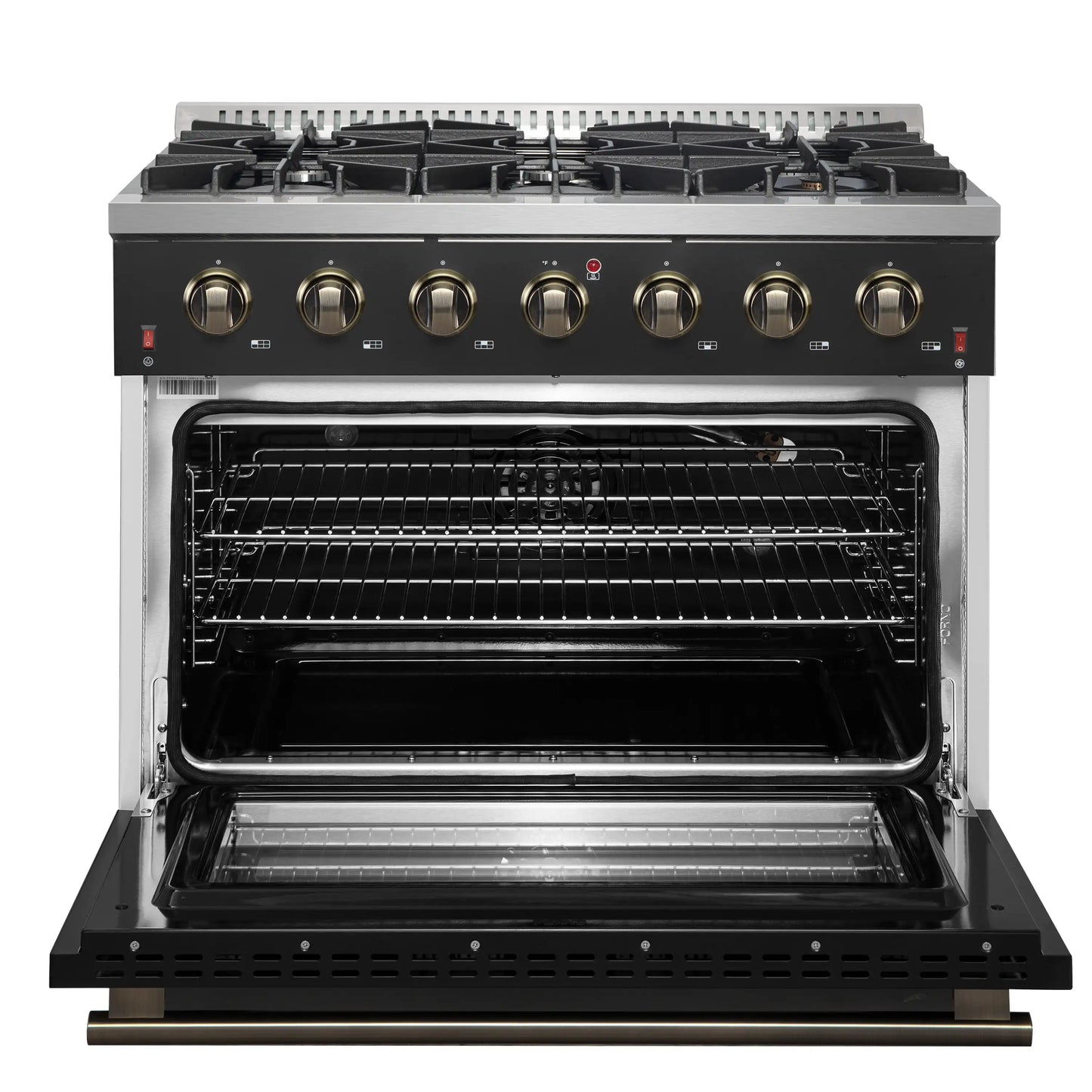 Forno 4-Piece Appliance Package - 36-Inch Gas Range, 60-Inch Convertible Refrigerator with Modern Trim, Dishwasher, and 30-Inch Microwave Oven in Black with Antique Brass Handle - AP4-6244-36BLK-MWO30-60MG