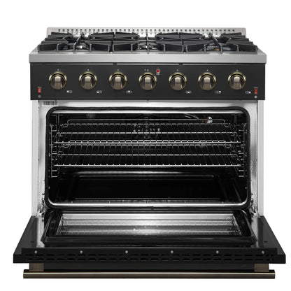 Forno 4-Piece Appliance Package - 36-Inch Gas Range, 60-Inch Convertible Refrigerator with Modern Trim, Dishwasher, and 30-Inch Microwave Oven in Black with Antique Brass Handle - AP4-6244-36BLK-MWO30-60MG