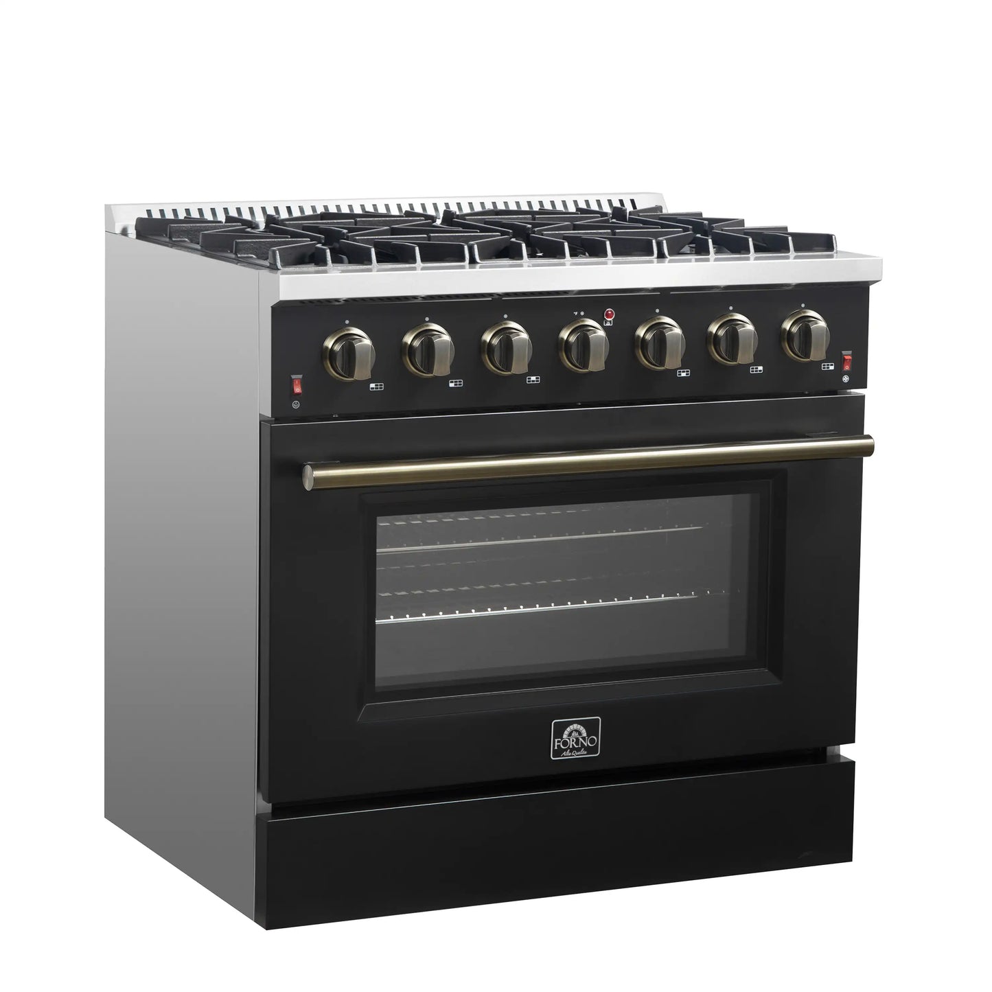 Forno 4-Piece Appliance Package - 36-Inch Gas Range, 60-Inch Convertible Refrigerator with Modern Trim, Dishwasher, and 30-Inch Microwave Oven in Black with Antique Brass Handle - AP4-6244-36BLK-MWO30-60MG