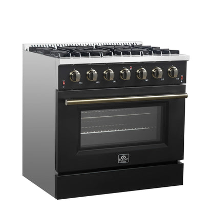 Forno 4-Piece Appliance Package - 36-Inch Gas Range, 60-Inch Convertible Refrigerator with Modern Trim, Dishwasher, and 30-Inch Microwave Oven in Black with Antique Brass Handle - AP4-6244-36BLK-MWO30-60MG