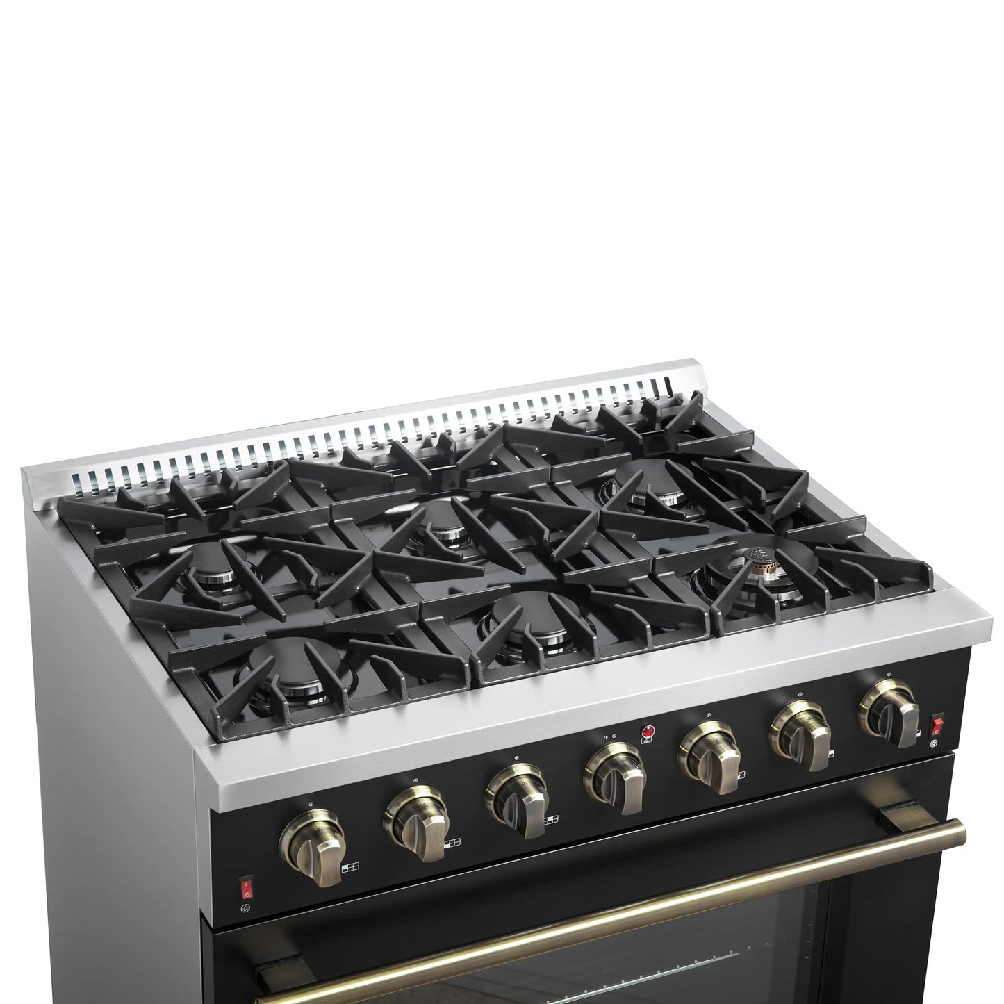 Forno 4-Piece Appliance Package - 36-Inch Gas Range, 60-Inch Convertible Refrigerator with Modern Trim, Dishwasher, and 30-Inch Microwave Oven in Black with Antique Brass Handle - AP4-6244-36BLK-MWO30-60MG