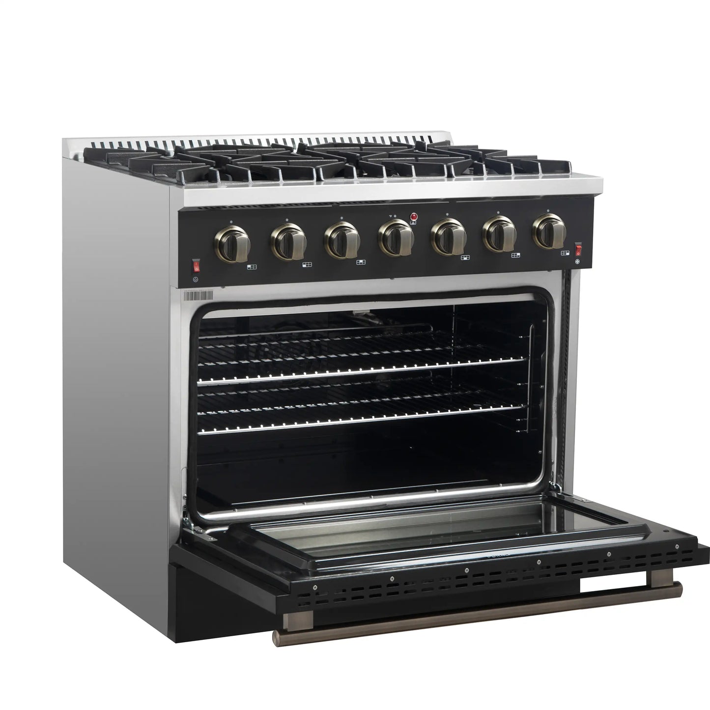 Forno Galiano 5-Piece Appliance Package - 36-Inch Gas Range, 36-Inch Hood, 36-Inch Refrigerator, 24-Inch Dishwasher, & 30-Inch Microwave Oven in Black with Antique Brass Trim - AP5-6244-36BLK-MWO30
