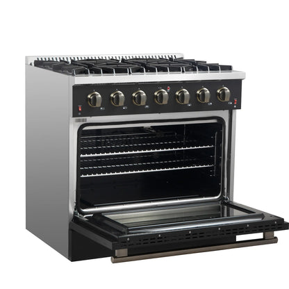 Forno Galiano 5-Piece Appliance Package - 36-Inch Gas Range, 36-Inch Hood, 36-Inch Refrigerator, 24-Inch Dishwasher, & 30-Inch Microwave Oven in Black with Antique Brass Trim - AP5-6244-36BLK-MWO30