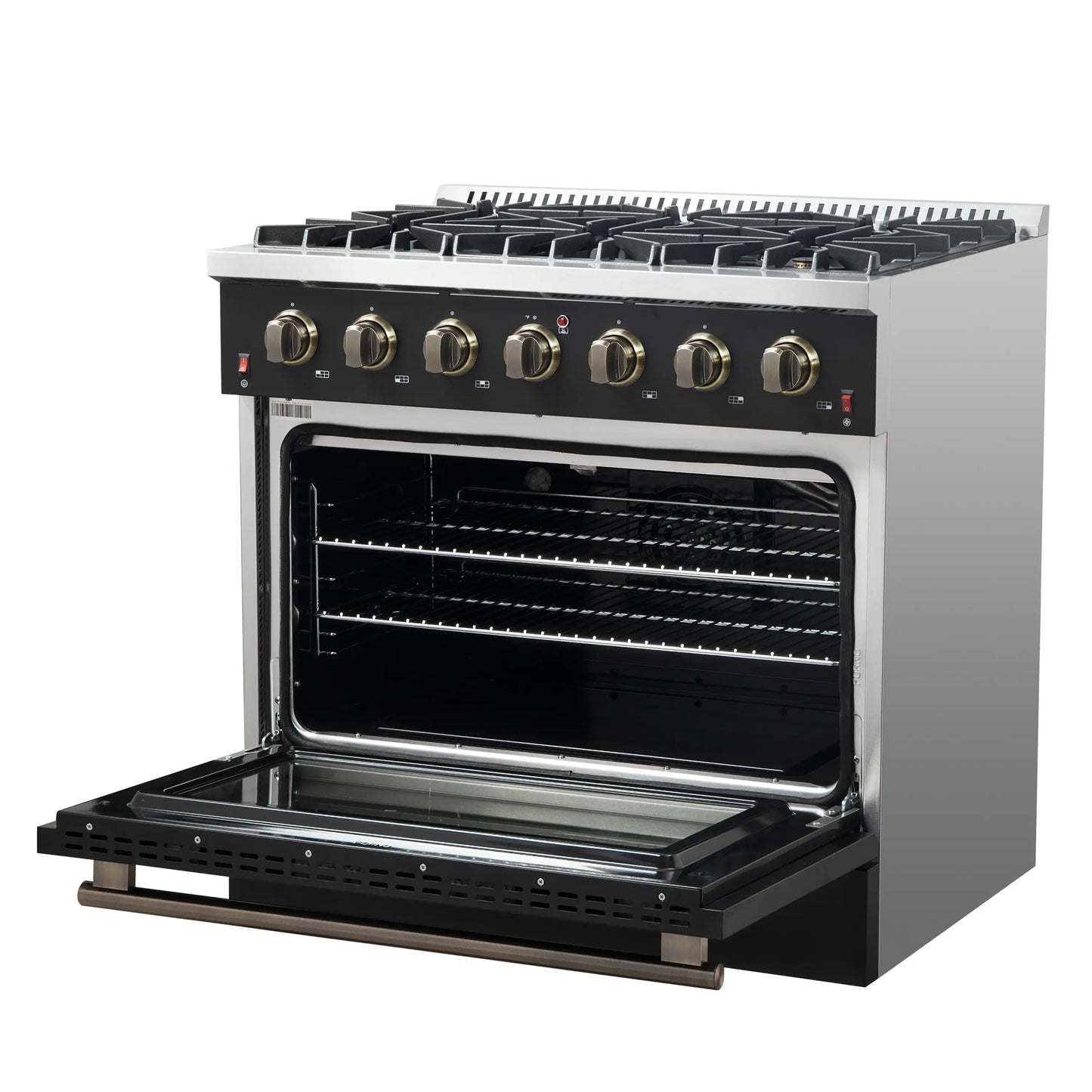 Forno 4-Piece Appliance Package - 36-Inch Gas Range, 60-Inch Convertible Refrigerator with Modern Trim, Dishwasher, and 30-Inch Microwave Oven in Black with Antique Brass Handle - AP4-6244-36BLK-MWO30-60MG