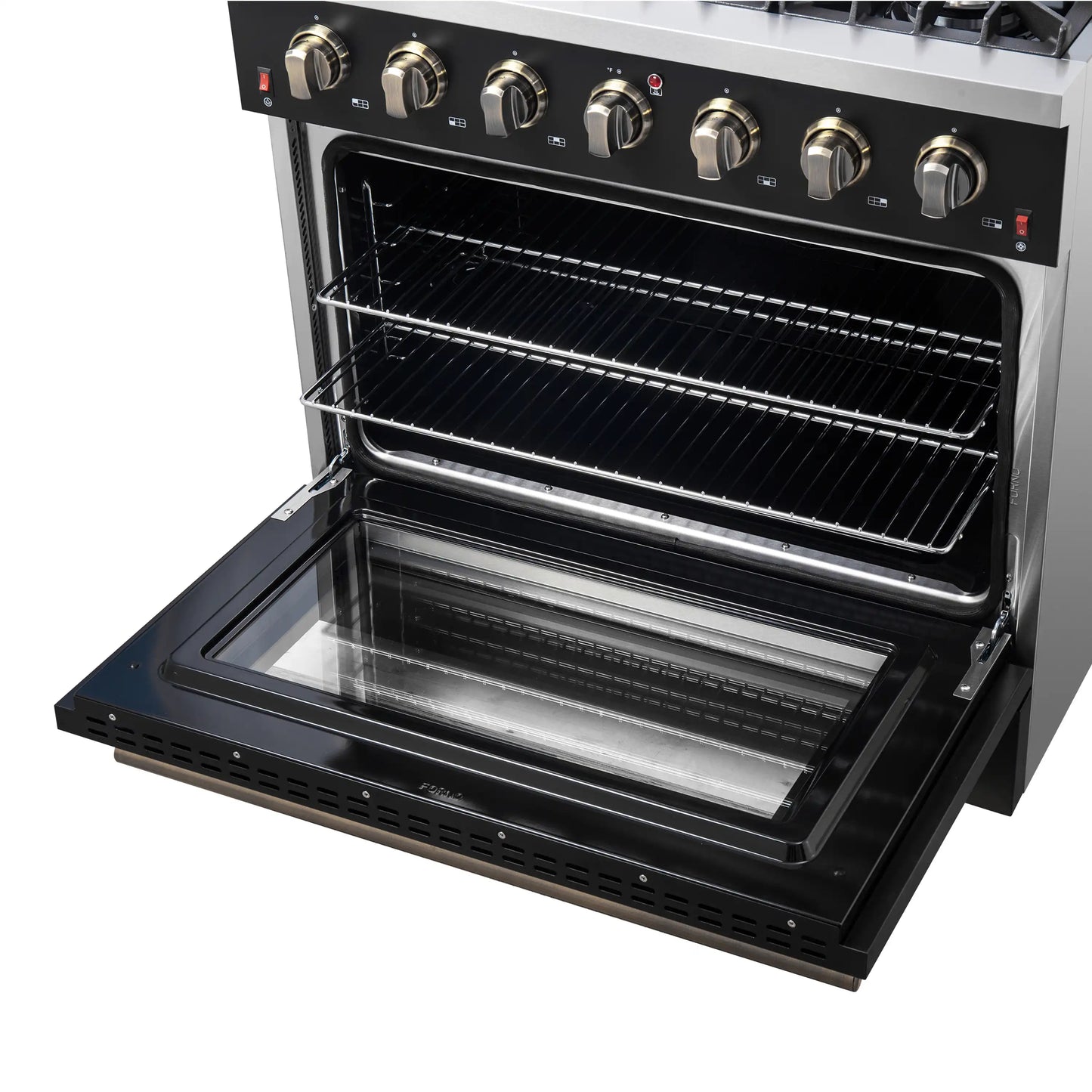 Forno 4-Piece Appliance Package - 36-Inch Gas Range, 60-Inch Convertible Refrigerator with Modern Trim, Dishwasher, and 30-Inch Microwave Oven in Black with Antique Brass Handle - AP4-6244-36BLK-MWO30-60MG