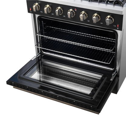 Forno 4-Piece Appliance Package - 36-Inch Gas Range, 60-Inch Convertible Refrigerator with Modern Trim, Dishwasher, and 30-Inch Microwave Oven in Black with Antique Brass Handle - AP4-6244-36BLK-MWO30-60MG