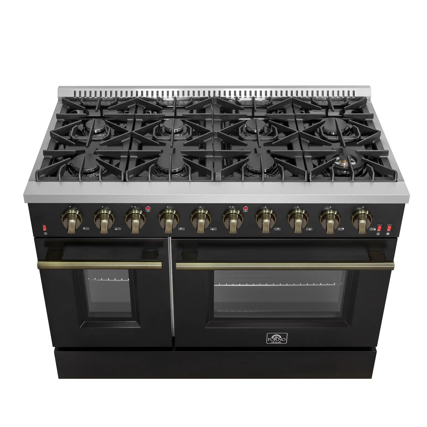 Forno Galiano 5-Piece Appliance Package - 48-Inch Gas Range, 48-Inch Hood, 36-Inch Refrigerator, 24-Inch Dishwasher, & 30-Inch Microwave Oven in Black with Antique Brass Trim - AP5-6244-48BLK-MWO30