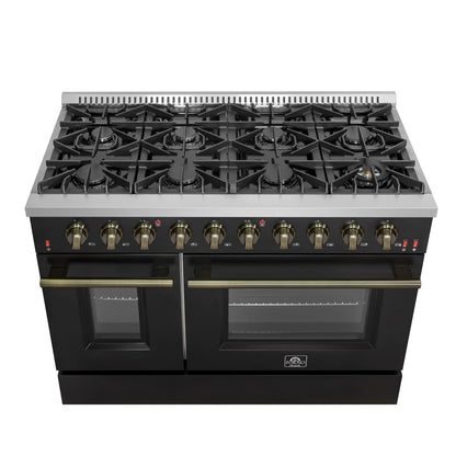 Forno Galiano 5-Piece Appliance Package - 48-Inch Gas Range, 48-Inch Hood, 36-Inch Refrigerator, 24-Inch Dishwasher, & 30-Inch Microwave Oven in Black with Antique Brass Trim - AP5-6244-48BLK-MWO30