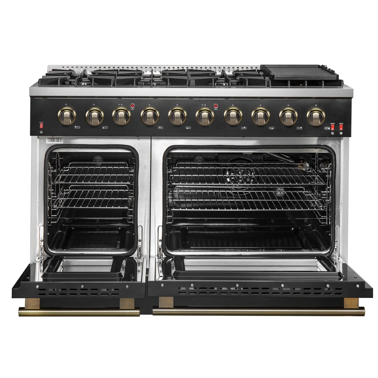 Forno Galiano 5-Piece Appliance Package - 48-Inch Gas Range, 48-Inch Hood, 36-Inch Refrigerator, 24-Inch Dishwasher, & 30-Inch Microwave Oven in Black with Antique Brass Trim - AP5-6244-48BLK-MWO30