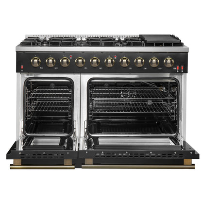 Forno Galiano 5-Piece Appliance Package - 48-Inch Gas Range, 48-Inch Hood, 36-Inch Refrigerator, 24-Inch Dishwasher, & 30-Inch Microwave Oven in Black with Antique Brass Trim - AP5-6244-48BLK-MWO30