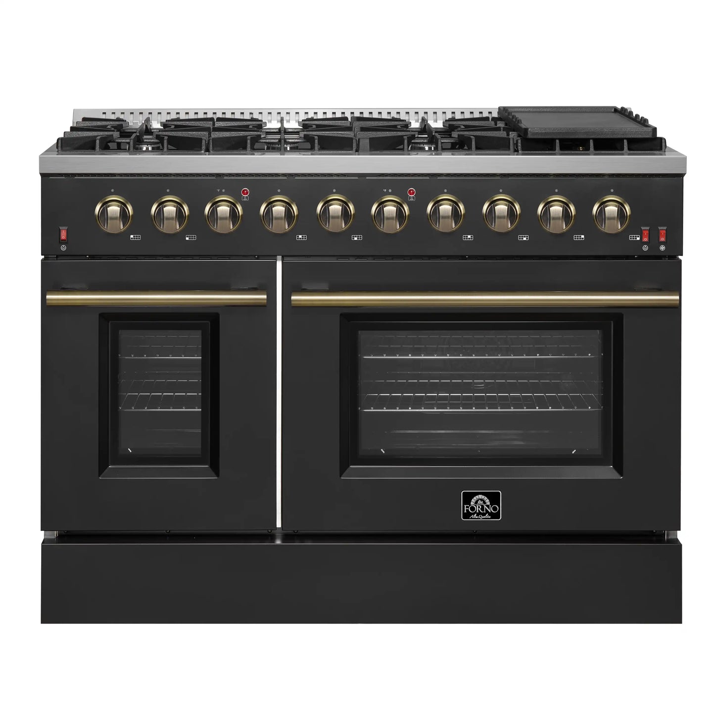 Forno Galiano 5-Piece Appliance Package - 48-Inch Gas Range, 48-Inch Hood, 36-Inch Refrigerator, 24-Inch Dishwasher, & 30-Inch Microwave Oven in Black with Antique Brass Trim - AP5-6244-48BLK-MWO30