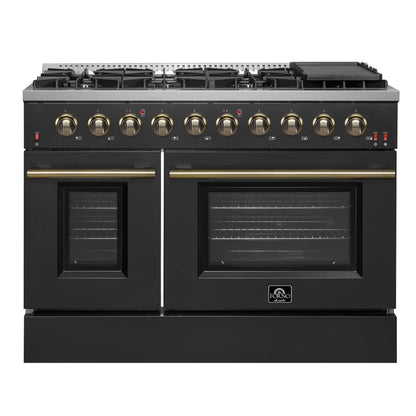 Forno Galiano 5-Piece Appliance Package - 48-Inch Gas Range, 48-Inch Hood, 36-Inch Refrigerator, 24-Inch Dishwasher, & 30-Inch Microwave Oven in Black with Antique Brass Trim - AP5-6244-48BLK-MWO30